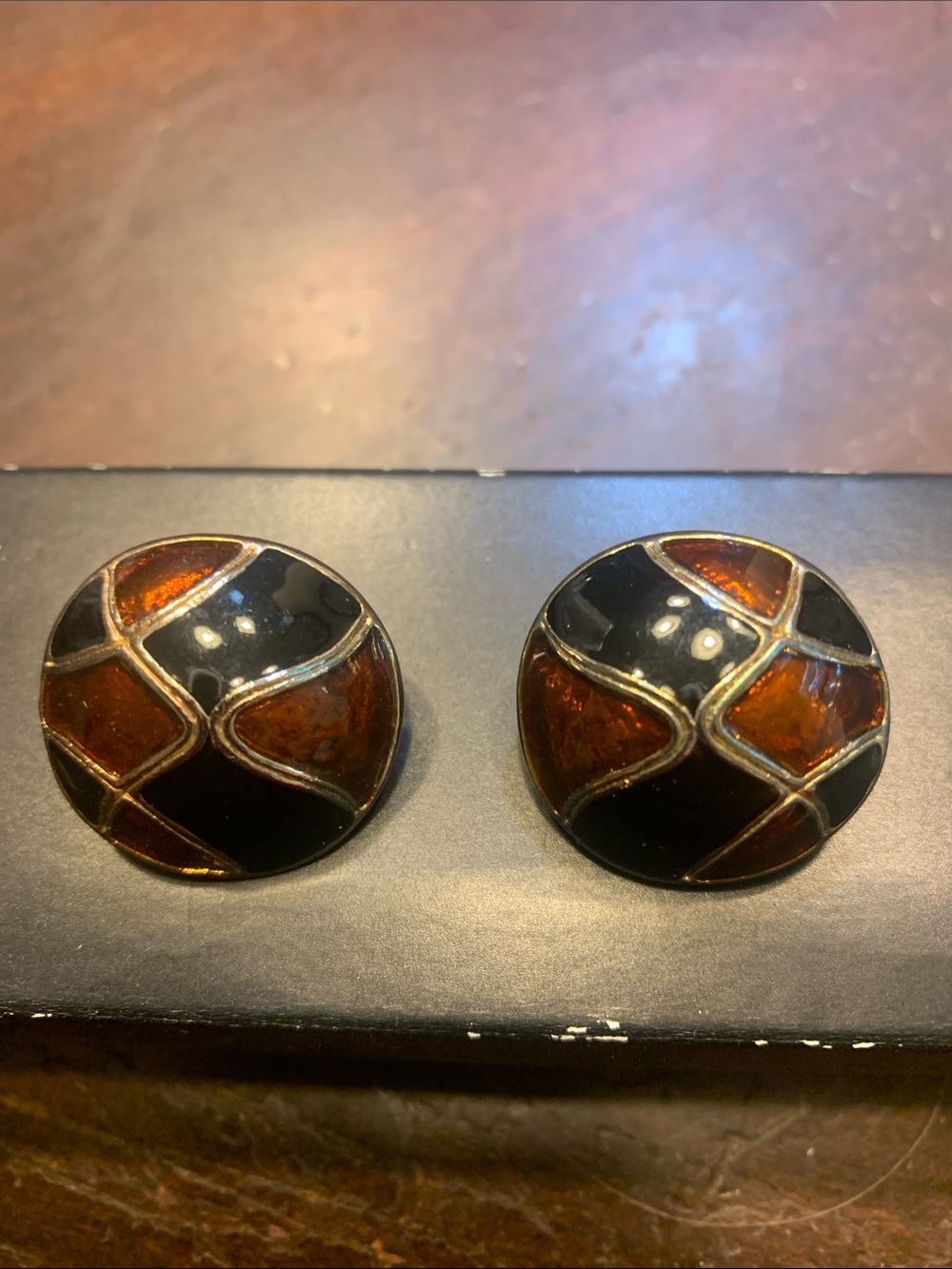 Vintage Black and Amber Round Enamel Clip Earrings